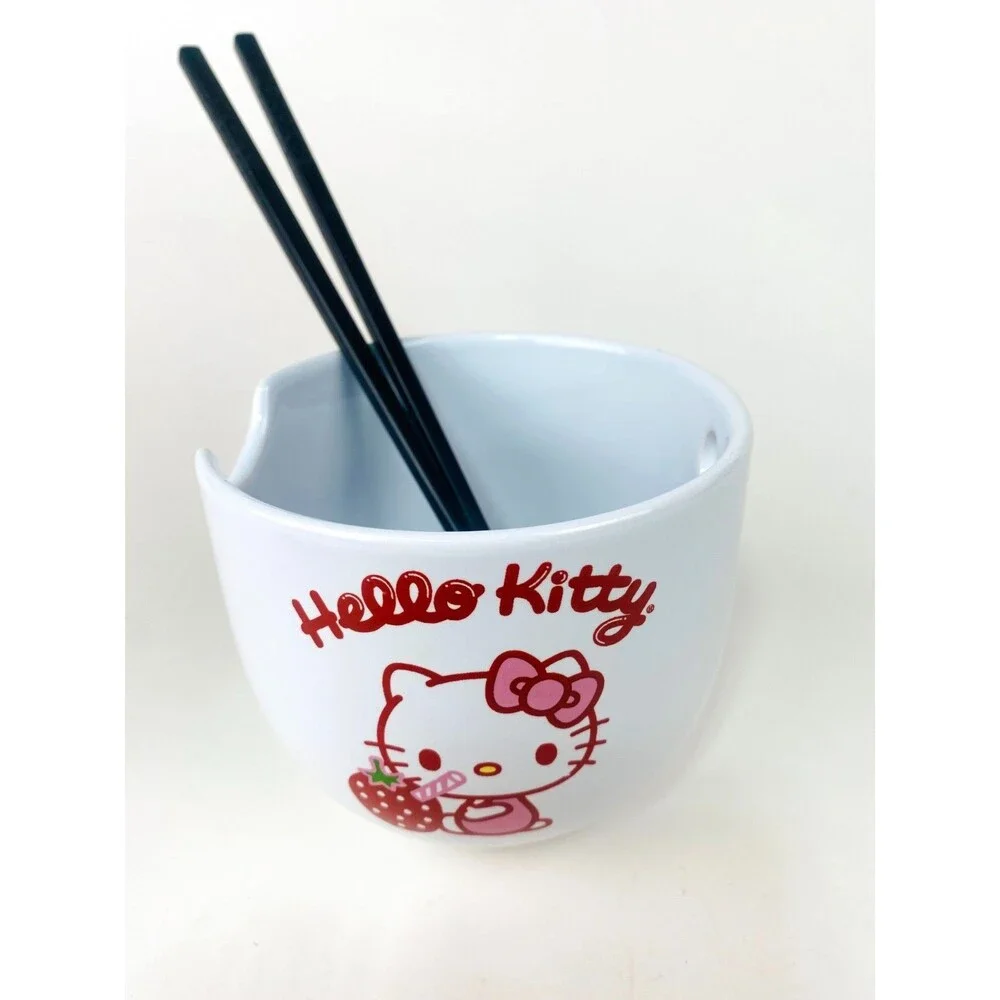Hello Kitty Strawberry Milk Ceramic Ramen Bowl Sanrio Used With New Chopsticks